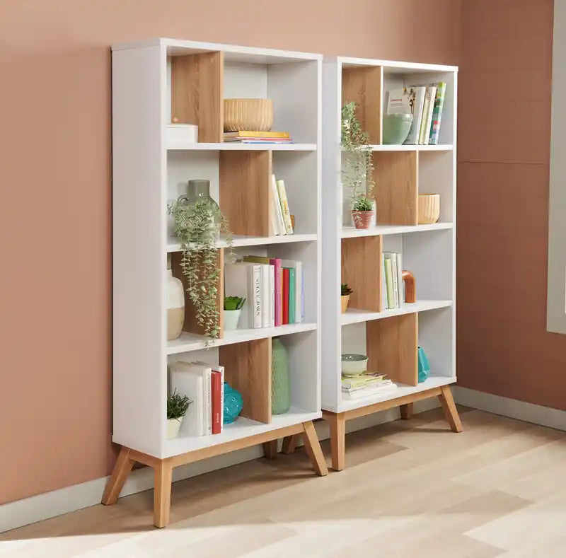 32,75 Bibliothèque avec 4 étagères décalées - Blanc et marron clair