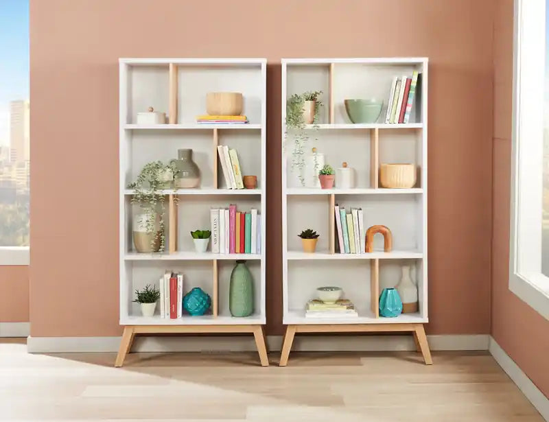32,75 Bibliothèque avec 4 étagères décalées - Blanc et marron clair
