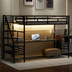 Lit mezzanine double Cherry en métal, peu encombrant, avec bureau et lumière LED