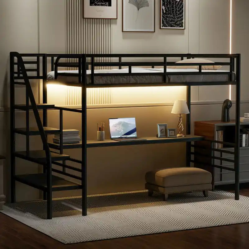 Lit mezzanine double Cherry en métal, peu encombrant, avec bureau et lumière LED