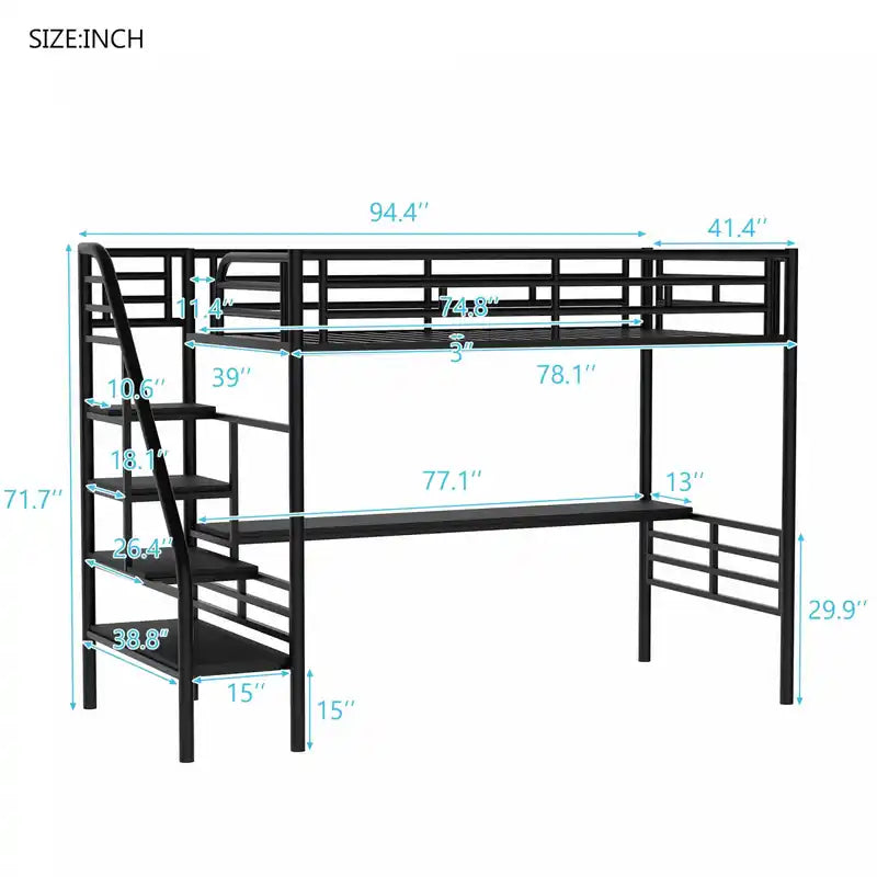Lit mezzanine double Cherry en métal, peu encombrant, avec bureau et lumière LED