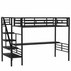 Lit mezzanine double Cherry en métal, peu encombrant, avec bureau et lumière LED