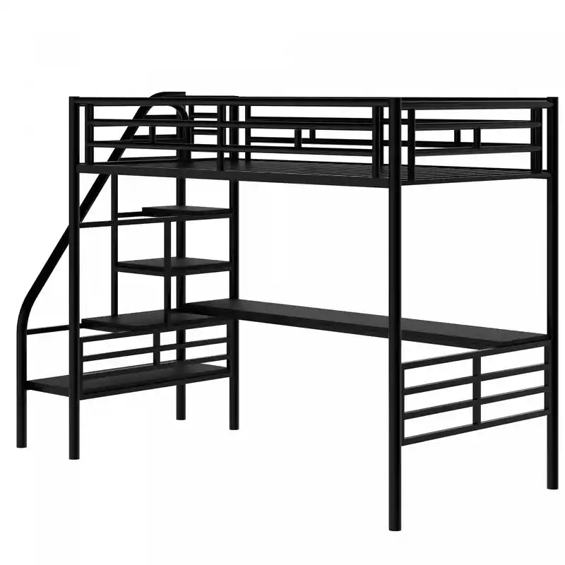 Lit mezzanine double Cherry en métal, peu encombrant, avec bureau et lumière LED