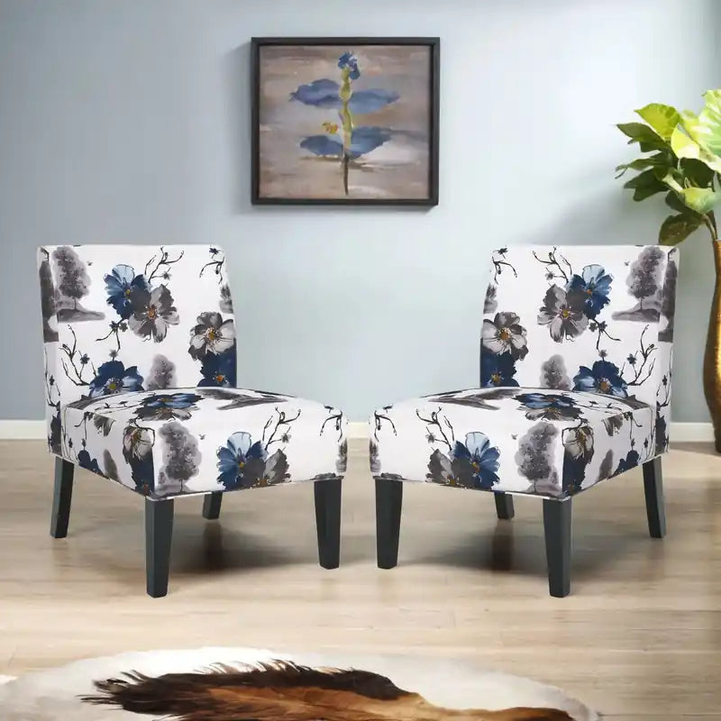 Fauteuil d'appoint en tissu aspect lin avec pieds en hévéa - Bleu, multicolore - Lot de 2