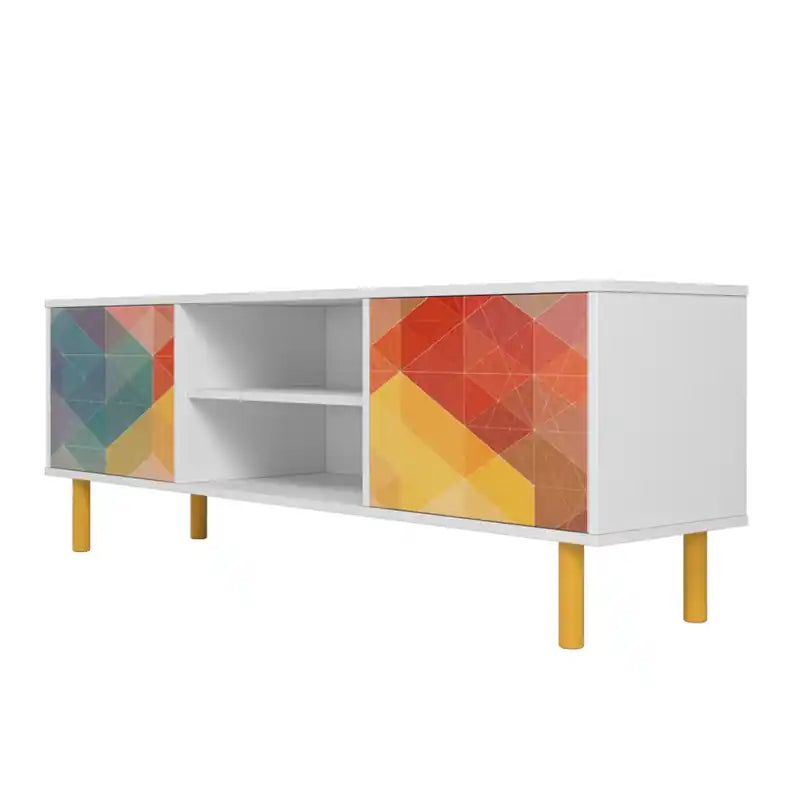 Meuble TV 57.87 Mid-Century Modern avec 4 étagères - Blanc et Multicolore