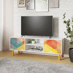 Meuble TV 57.87 Mid-Century Modern avec 4 étagères - Blanc et Multicolore