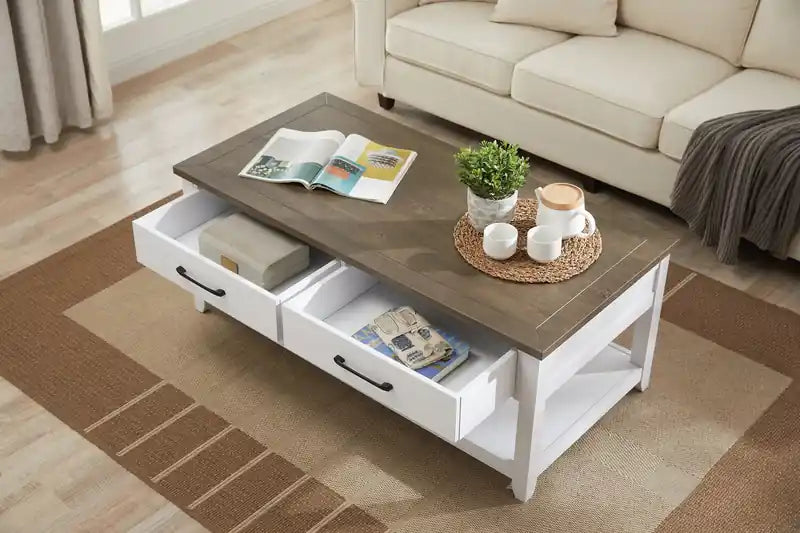23,25 Table basse traditionnelle avec rangement et étagère - Chêne blanc et noyer