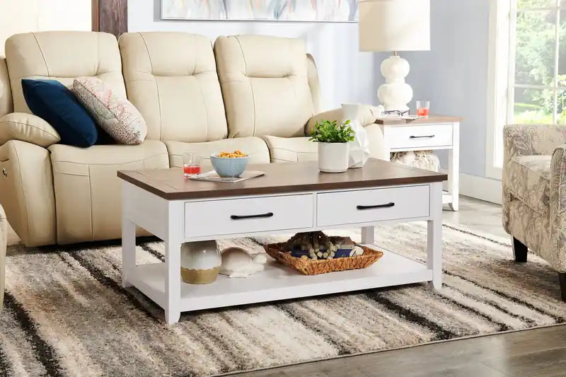 23,25 Table basse traditionnelle avec rangement et étagère - Chêne blanc et noyer