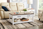 23,25 Table basse traditionnelle avec rangement et étagère - Chêne blanc et noyer