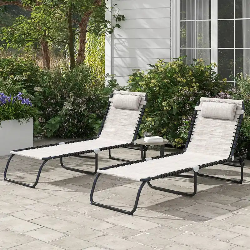 2 chaises longues, chaises longues avec appui-tête blanc crème