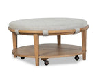 Rhett 38 Modern Round Coffee Table with Shelf and Casters - Light Brown Wood with Grey Cushion