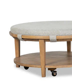 Table basse ronde moderne avec étagère et roulettes 38 po – Bois brun clair avec coussin gris