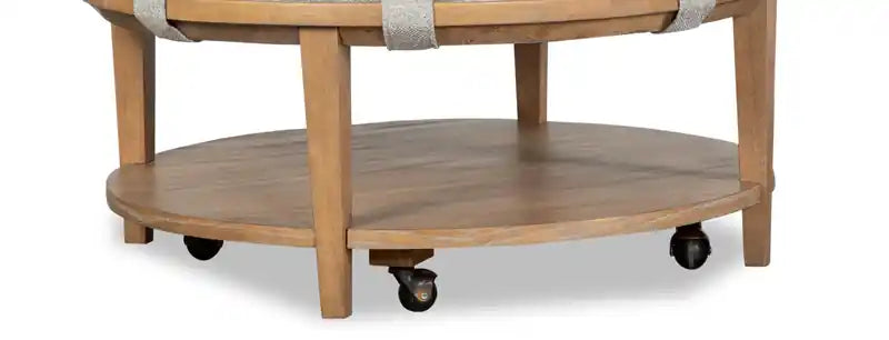 Table basse ronde moderne avec étagère et roulettes 38 po – Bois brun clair avec coussin gris